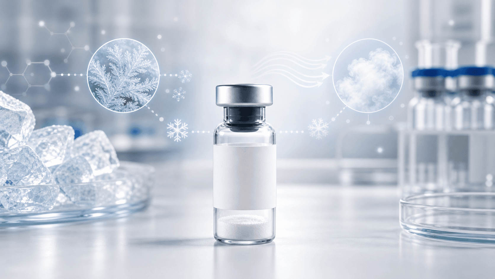 Scientific editorial image for research peptide basics with vials and molecular structure