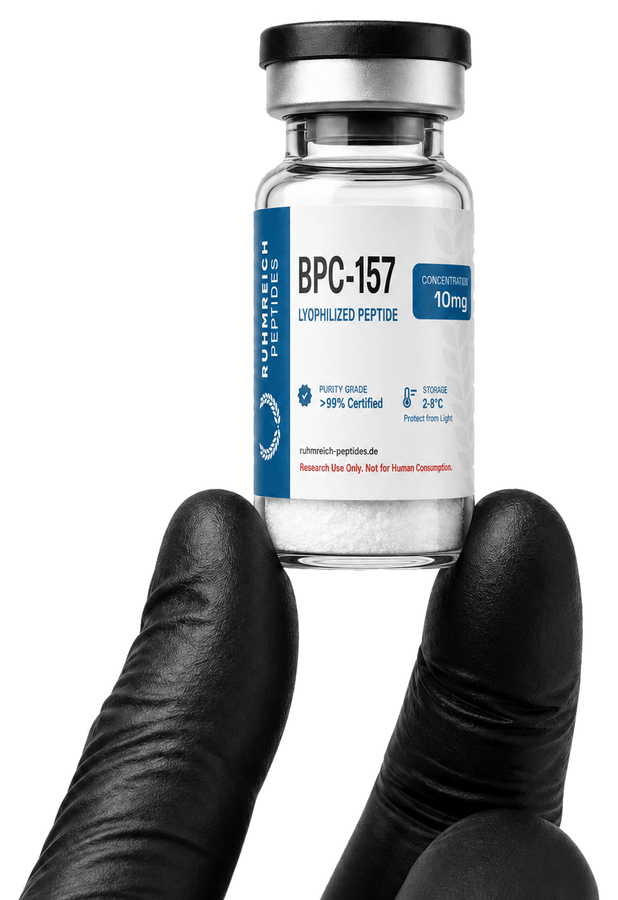 Black-gloved fingers holding a Ruhmreich BPC-157 research peptide vial